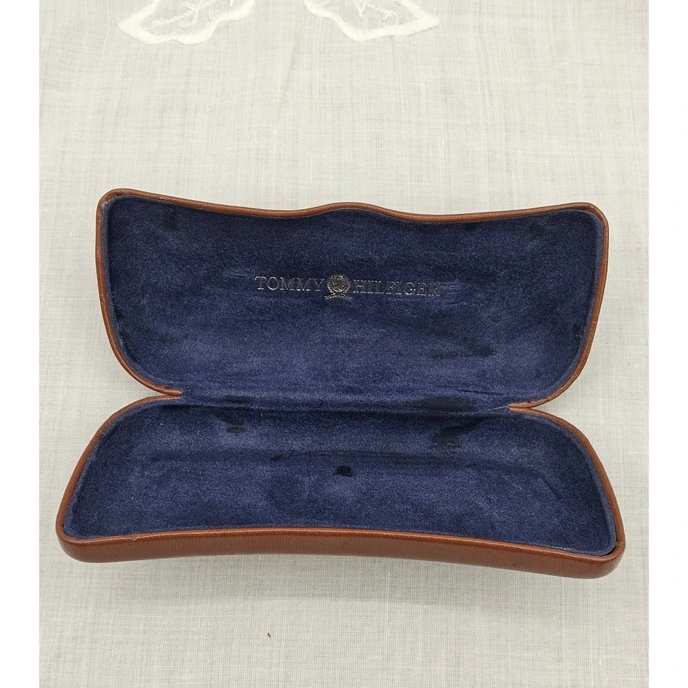 Tommy Hilfiger Brown Faux Leather Hard Eyeglass Case Navy Blue Velvet Lining